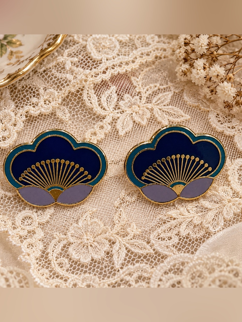 Vintage Laurel Burch Plum Blossom Earrings Blue Purple Enamel Gold Tone Studs
